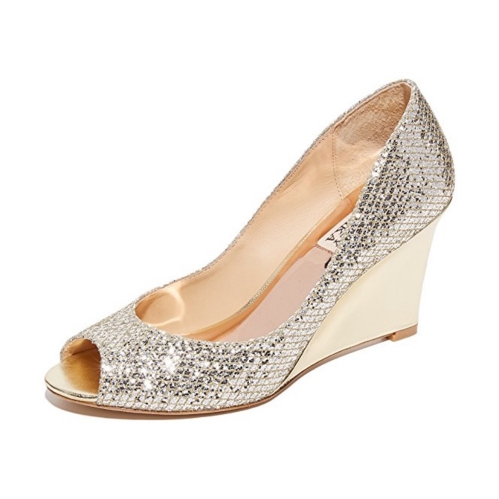 Badgley Mischka Awake glitter metallic gold peep toe wedges